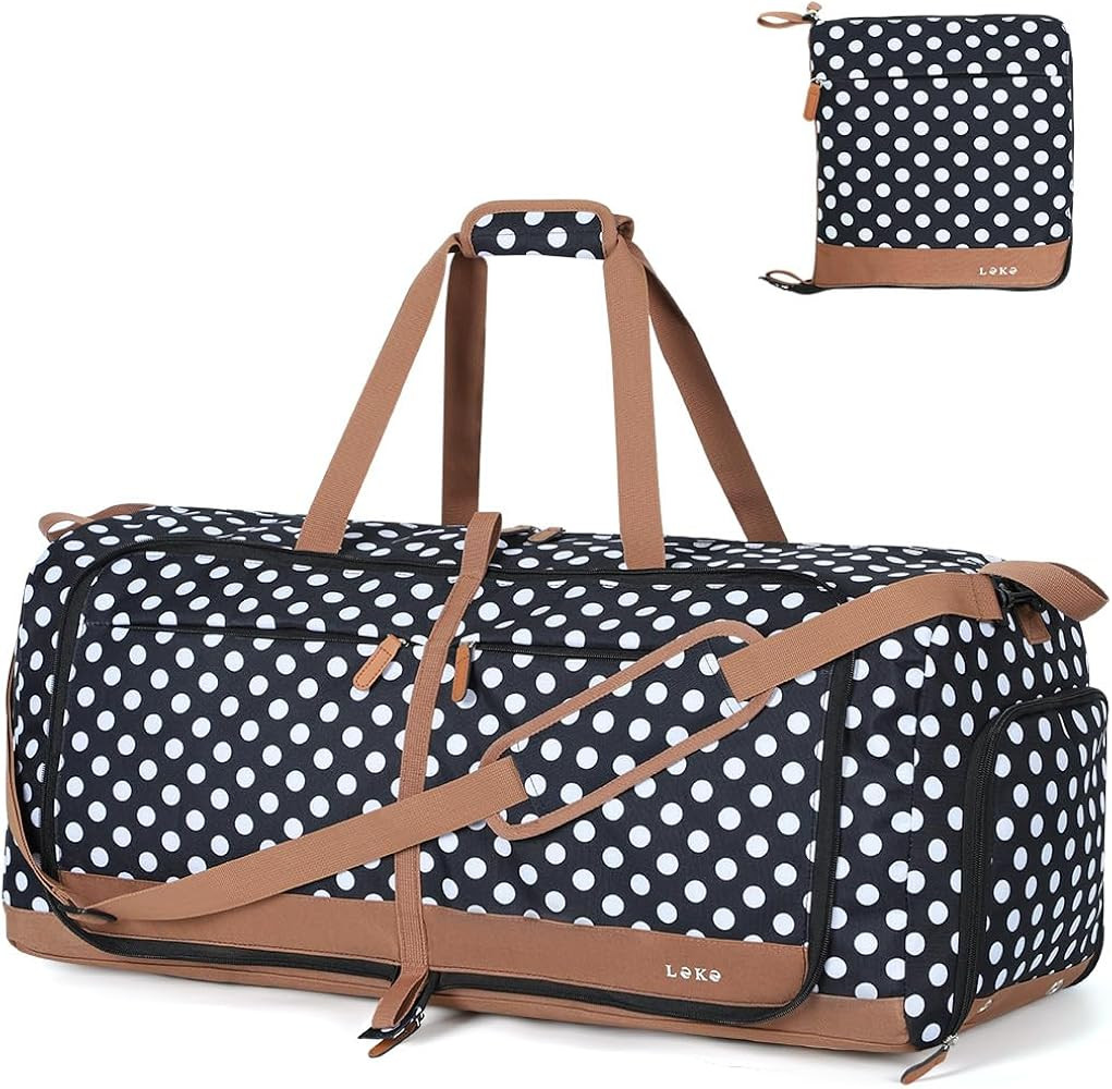 Lekesky Foldable Travel Duffel Bag for Women, 80L Large Duffle Bag with Separate Shoes Compartments & Straps, Carry On Weekend Bag for Women, Hospital, Overnight(Polka Dots) | Amazon (US)