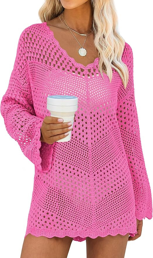 ANRABESS Women Swimsuit Crochet Swim Cover Up Summer Bathing Suit Swimwear V Neck Mesh Knit Beach... | Amazon (US)