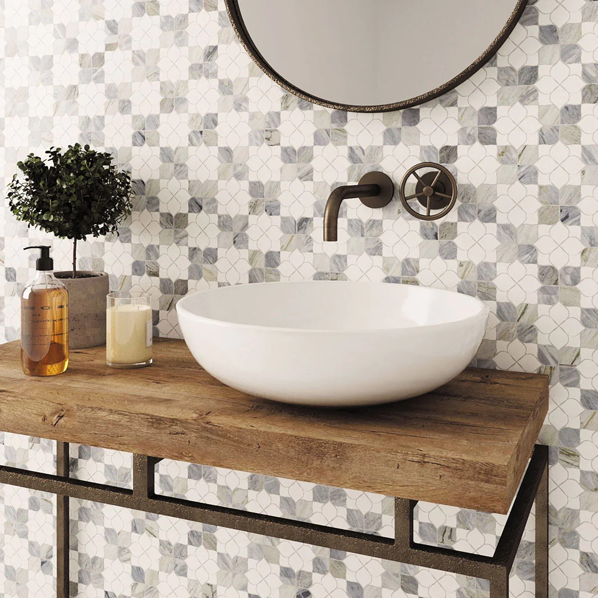 Fleur Calacatta Bluette and Thassos Flower Marble Mosaic Tile | Tile Club