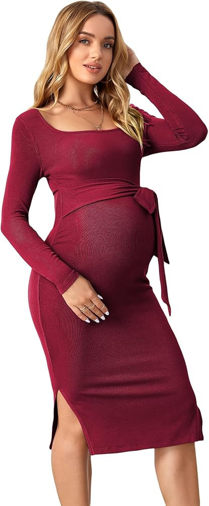OYOANGLE Women's Maternity Rib Knit Split Hem Knot Front Square Neck Long Sleeve Bodycon Midi Dre... | Amazon (US)