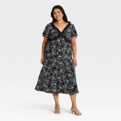 Women's Short Flutter Sleeve V-Neck Midi Dress - A New Day™ Black 4X | Target