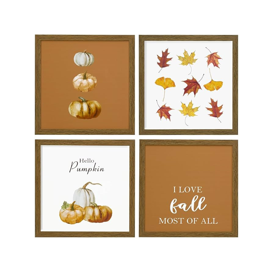 ArtbyHannah Framed Fall Wall Decor, Autumn Pictures Wall Art with Orange Pumpkin Prints Thanksgiv... | Amazon (US)