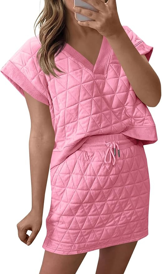 Fisoew Womens Argyle 2 Piece Outfits Skirt Sets Short Sleeve V Neck Tops and Casual Mini Skirts L... | Amazon (US)