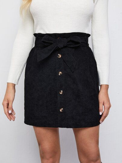 SHEIN Self Belted Buttoned Front Cord Skirt | SHEIN