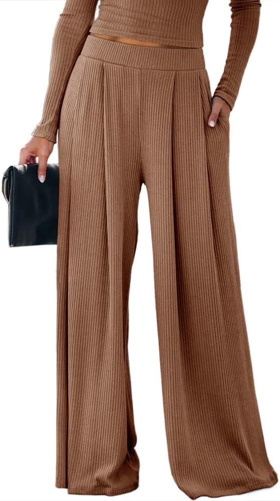 imesrun Womens Pleated Palazzo Pants Stretchy High Wiasted Wide Leg Ribbed Lounge Trousers with P... | Amazon (US)