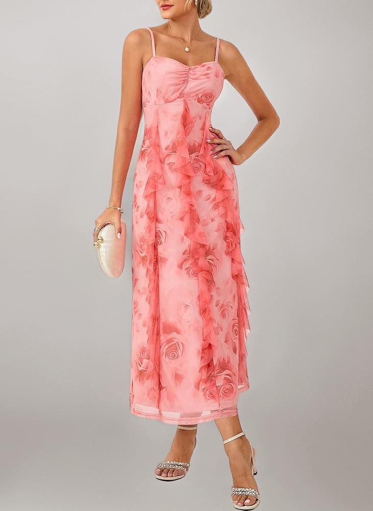 GRACE KARIN Women Summer Dresses Elegant Sweetheart Neck Floral Sleeveless Spaghetti Straps Ruffl... | Amazon (UK)