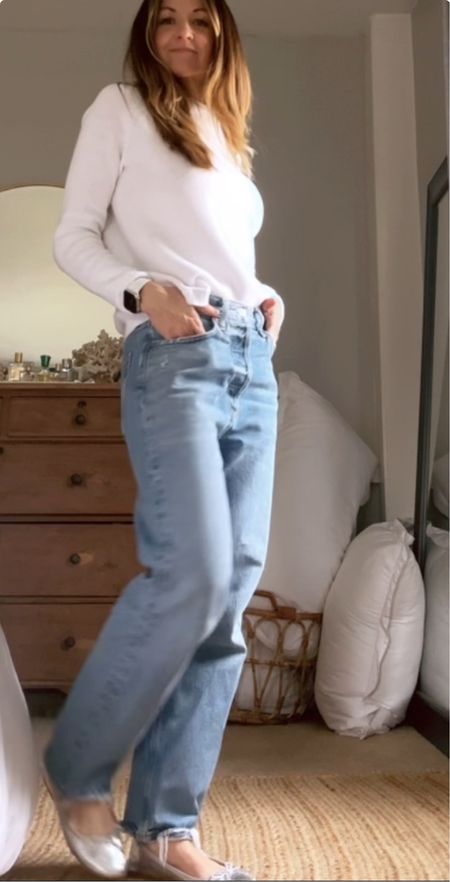 The best pair of loose fitting jeans, a favorite sweater and the cutest  silver flats 💙 
wearing a 24 in jeans, could have sized down.  Wearing an xs in the sweater, true to size. Ballet flats are true to size. 

#LTKshoecrush #LTKstyletip #LTKfindsunder50