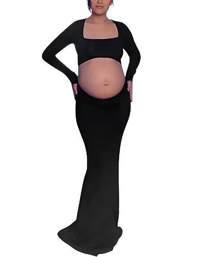 Bhome Maternity Photoshoot Dress Long Sleeve Sexy Cut-Out Backless Maternity Maxi Gown Photography Outfits Black L | Amazon (US)