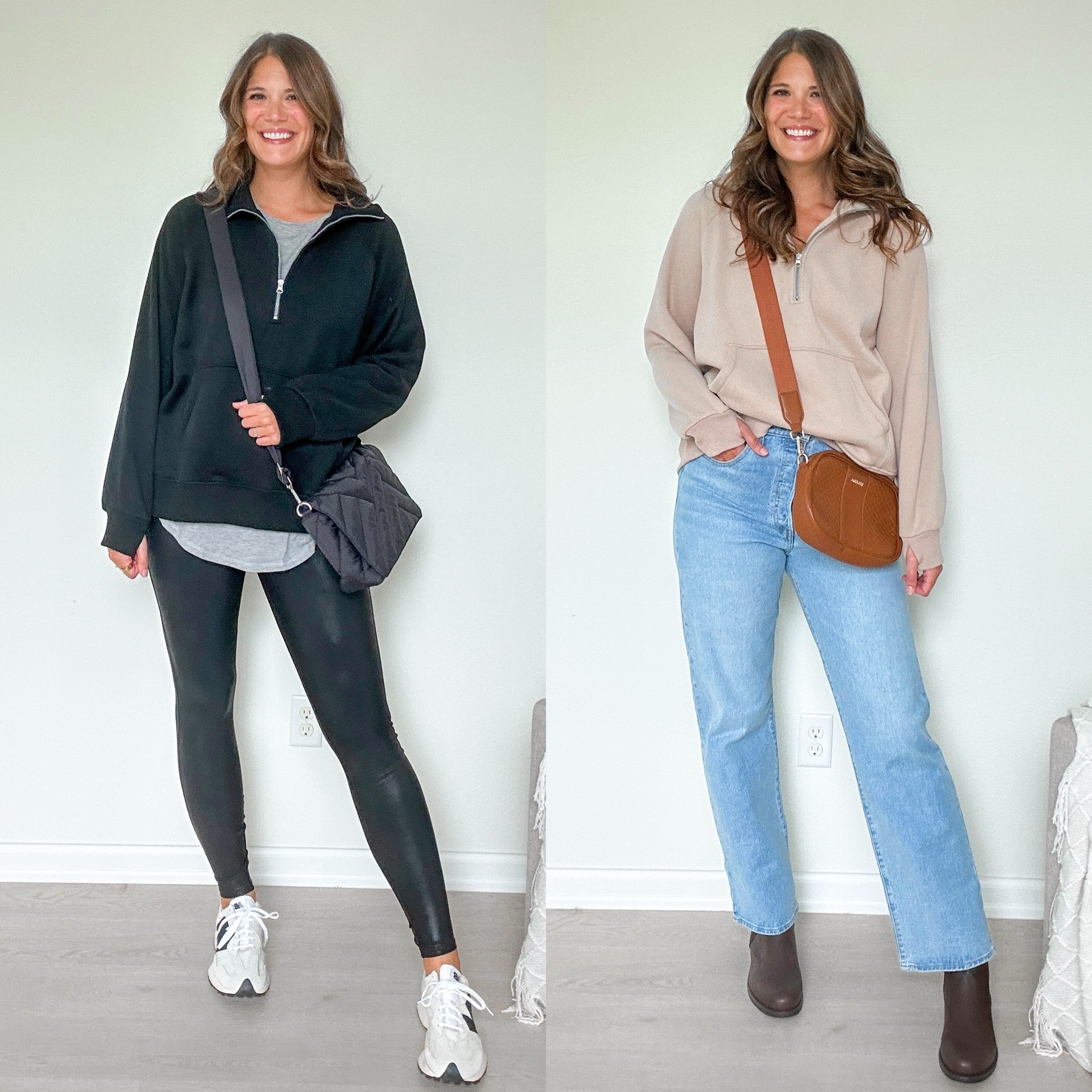 Amazon sweatshirt / black pullover sweatshirt / tan pullover sweatshirt / black puffer crossbody / tan faux leather crossbody / tall girl straight leg jeans / faux leather leggings / brown boots / gray tunic top / new balance sneakers

#LTKFindsUnder50 #LTKMidsize #LTKSeasonal