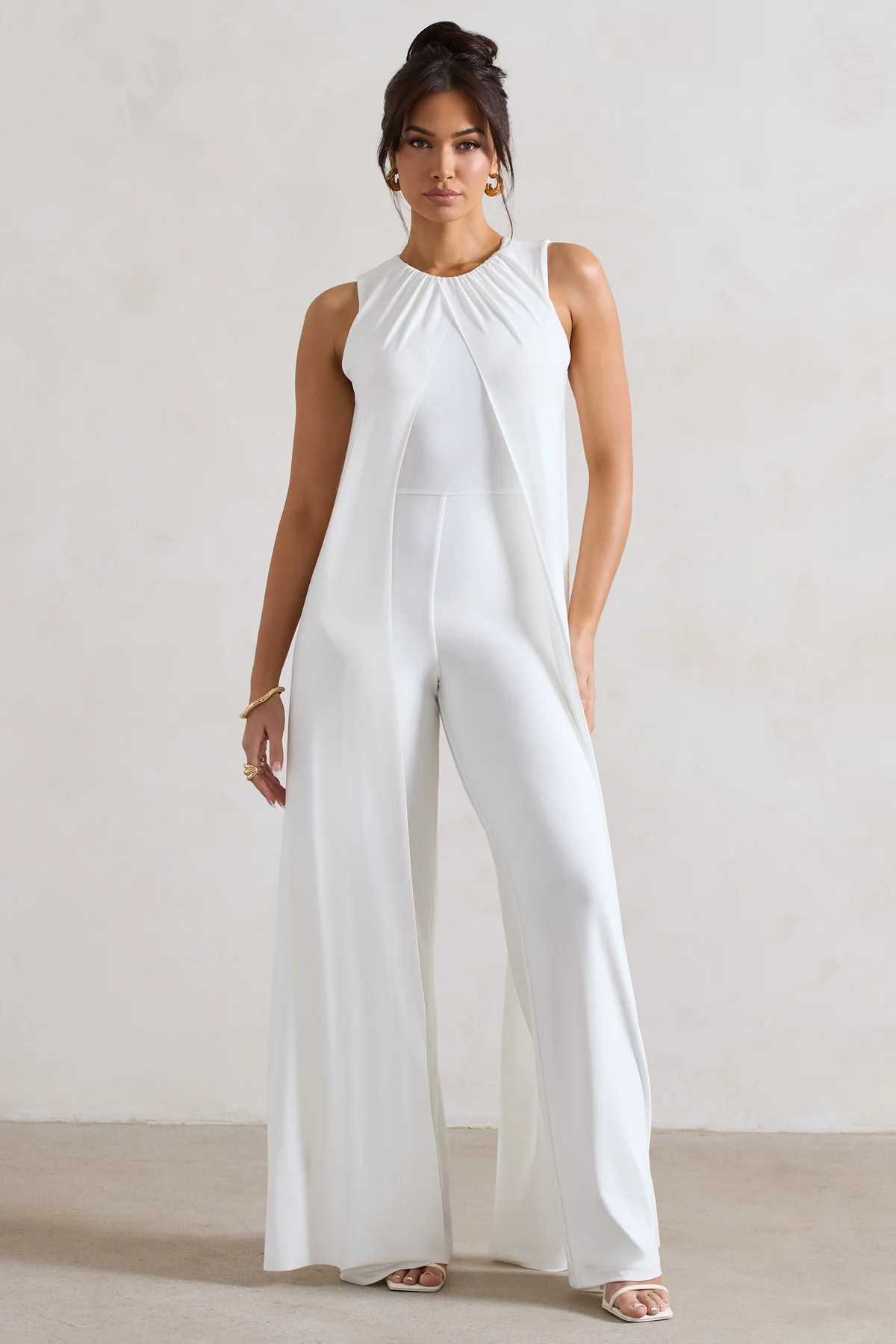 Essence | White High-Neck Wide-Leg Jumpsuit With Cape | Club L London