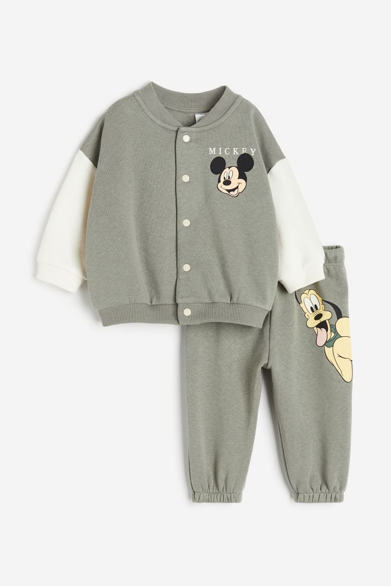 2-piece Sweatsuit - Khaki green/Mickey Mouse - Kids | H&M US | H&M (US + CA)