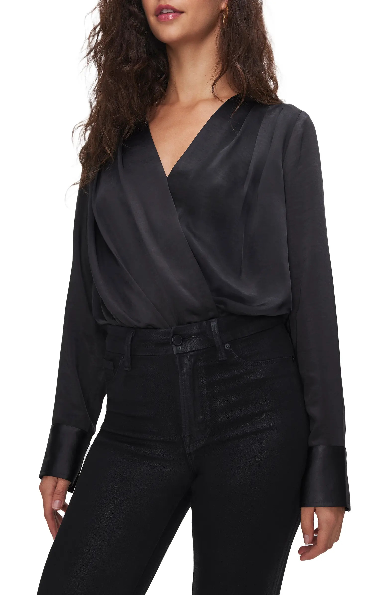 Long Sleeve Washed Satin Wrap Front Bodysuit | Nordstrom