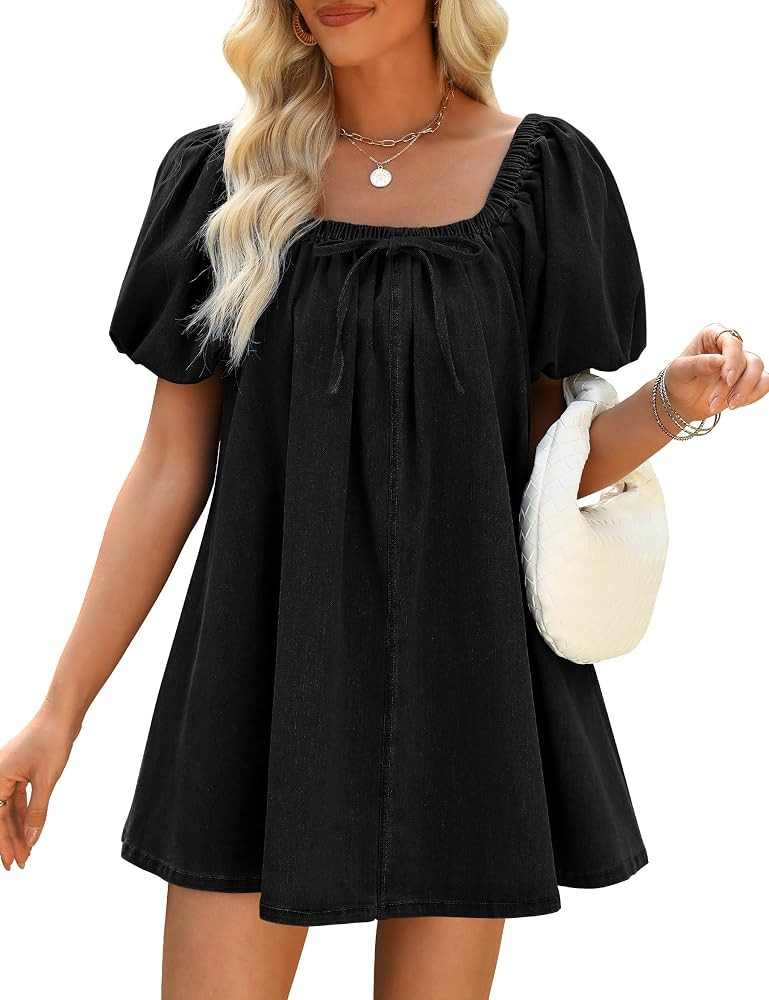 Denim Dress for Women, Puff Short Sleeve Jean Dress Square Neck Denim Romper with Pockets | Amazon (US)