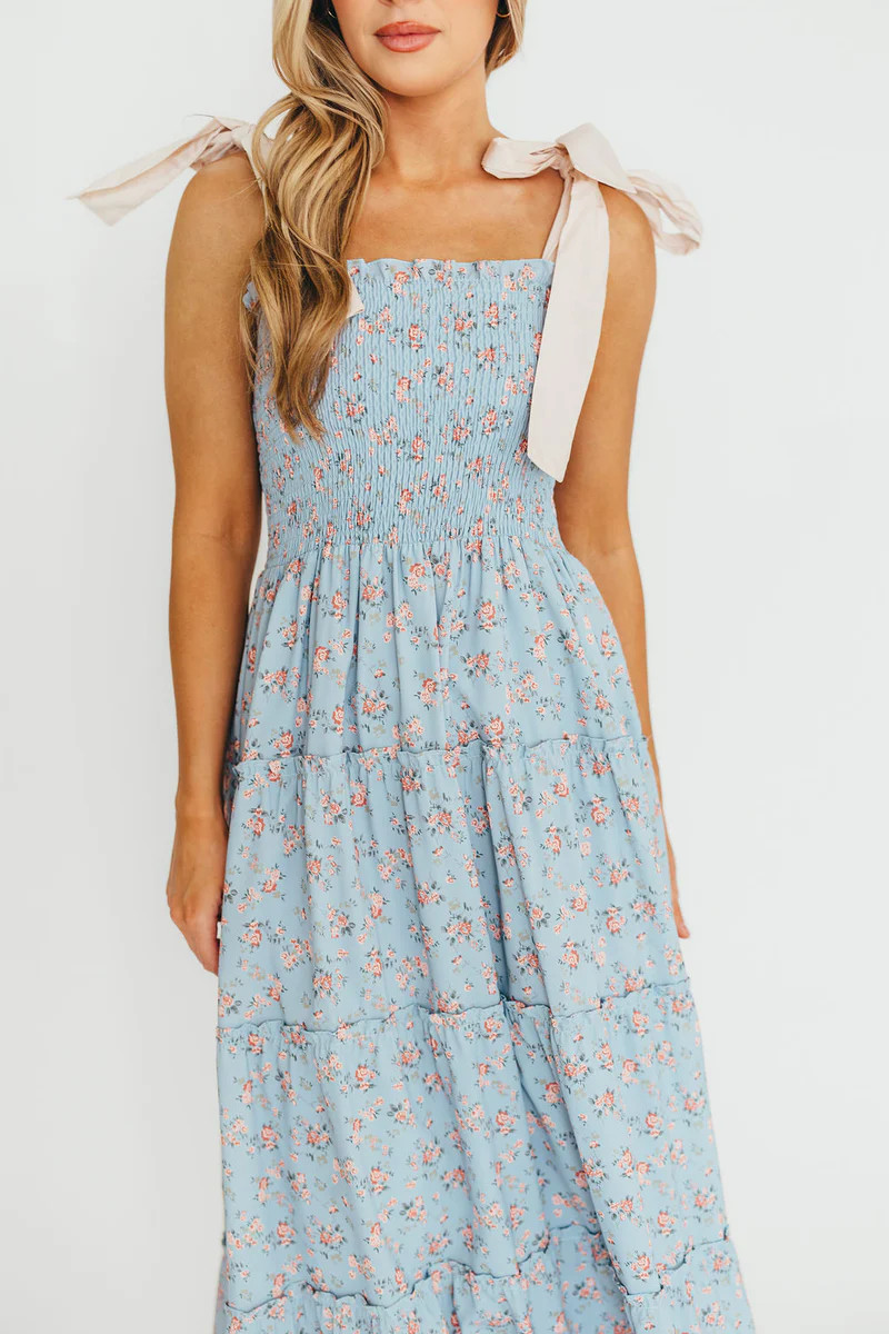 Cora Smocked Bow Tie Strap Maxi Dress in Blue | Worth Collective