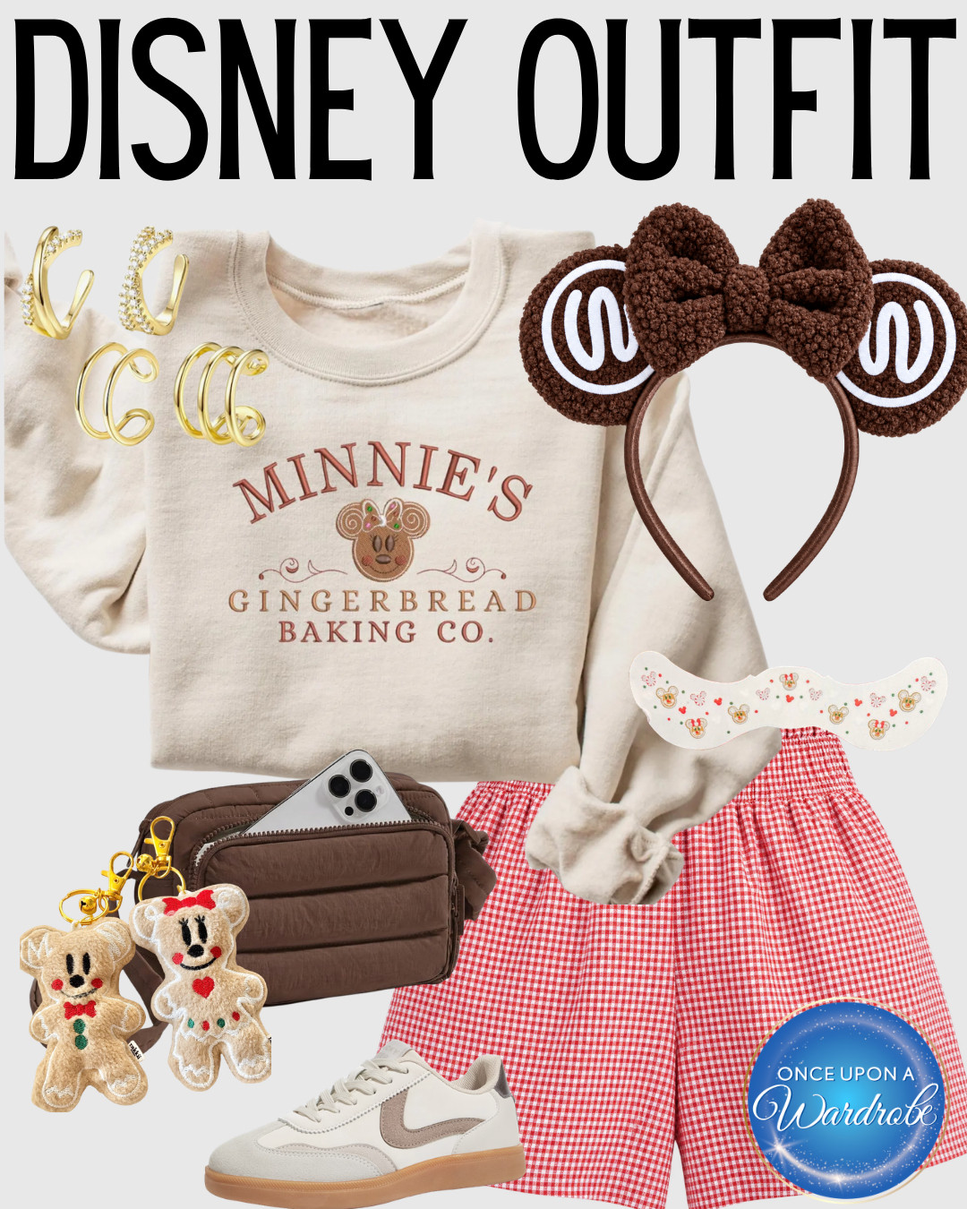 A cozy Disney gingerbread Christmas outfit with a Minnie’s Gingerbread Baking Co. sweatshirt, red gingham shorts, gingerbread Minnie ears and neutral sneakers. The gingerbread Mickey earrings, holiday wristband and character keychains make this a cute option for Mickey’s Very Merry Christmas Party, Christmas at Magic Kingdom, Disney Very Merrytime Cruises or any Walt Disney World holiday trip. 

 #LTKootd #LTKSeasonal #LTKTravel