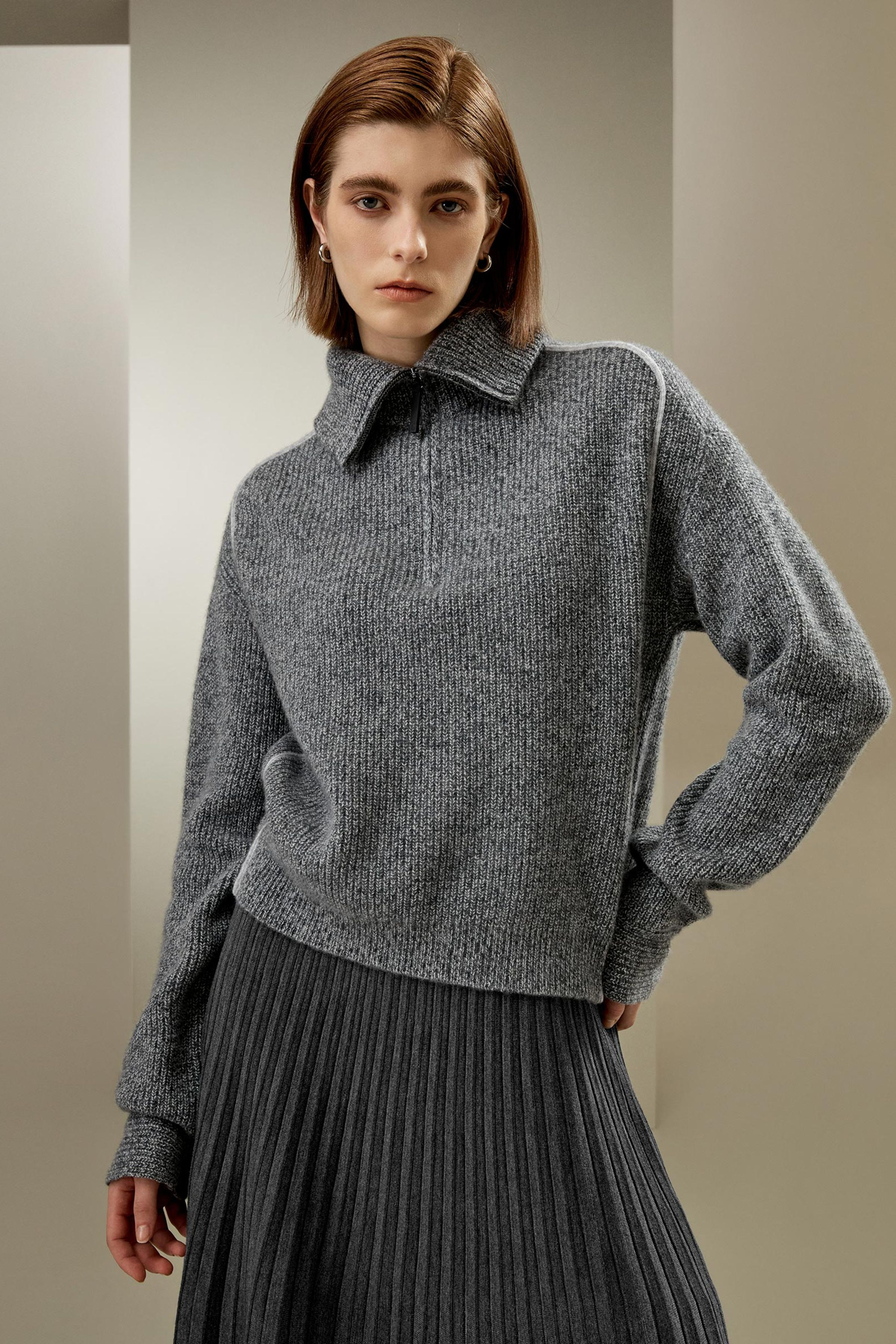 Cashmere Half Zip-Up Ribbed Sweater | LILYSILK