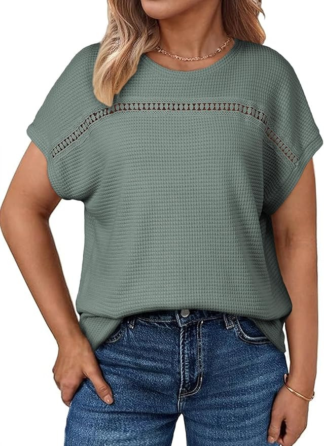 Eytino Plus Size Tops for Women Hollow Out Waffle Knit T-Shirts Crewneck Short Sleeve Casual Loos... | Amazon (US)