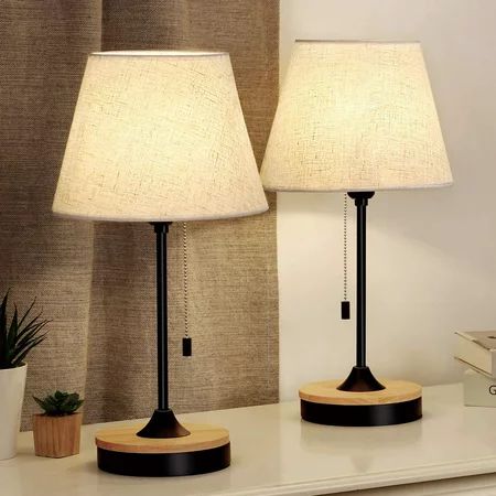 Table Lamps Set of 2 Wood Desk Lamps with Linen Shade Elegant Black Bedside Lamps | Walmart (US)