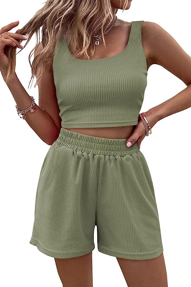 Trendy Queen Two Piece Outfits Women Summer Shorts Sets 2 Piece Sleeveless Matching Lounge Crop T... | Amazon (US)