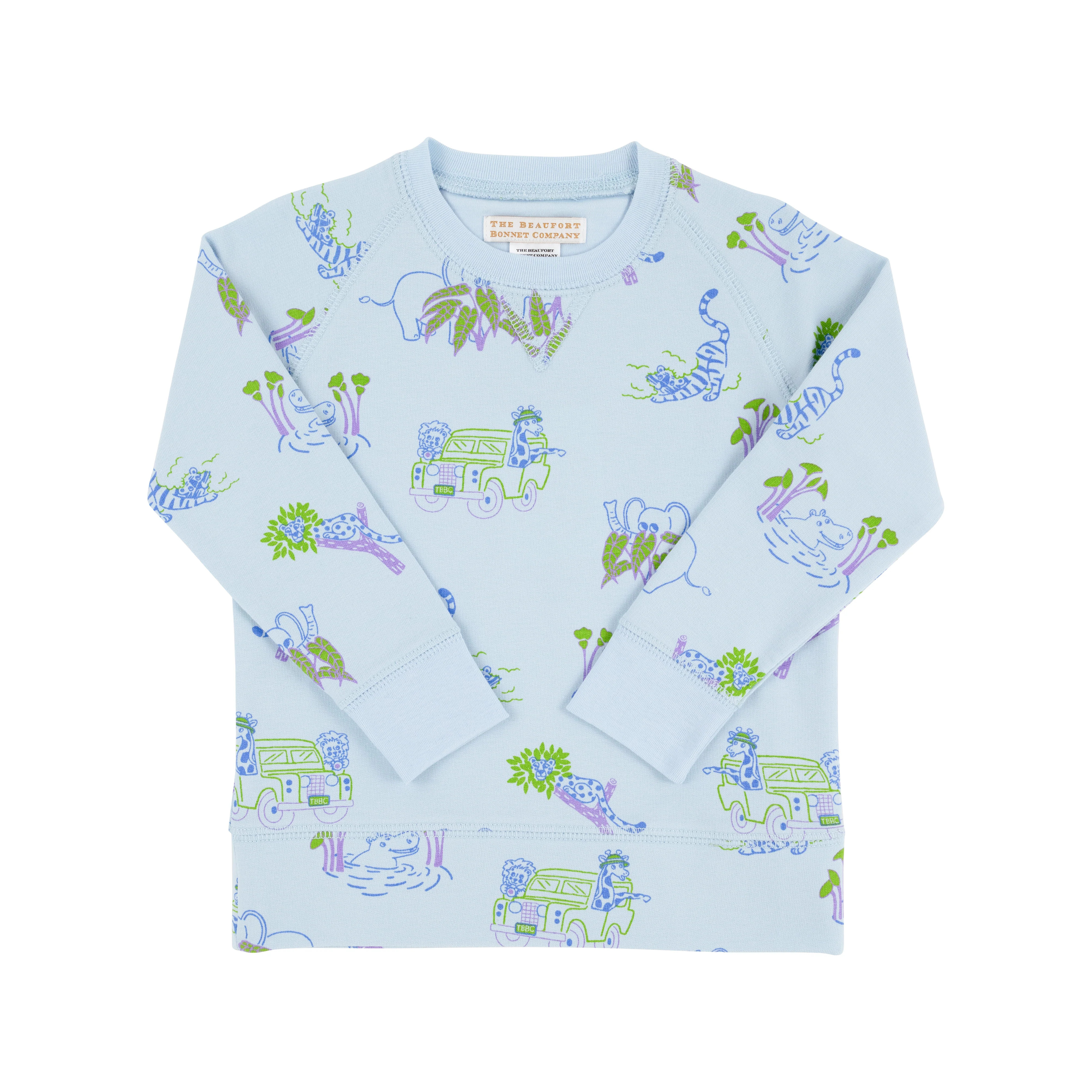 Cassidy Comfy Crewneck - Miller's Silly Safari with Buckhead Blue | The Beaufort Bonnet Company