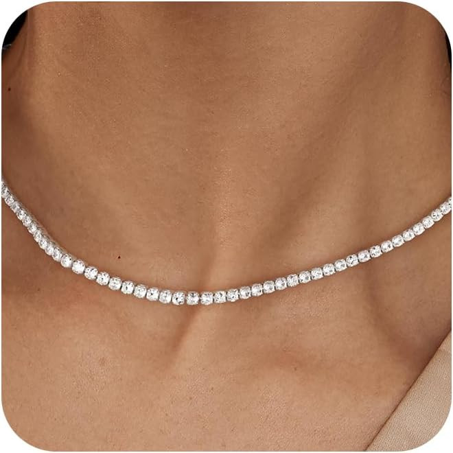 Tennis Necklace for Women, 14K Gold/Silver Plated Rhinestone Choker Necklace for Women, Dainty Cu... | Amazon (US)