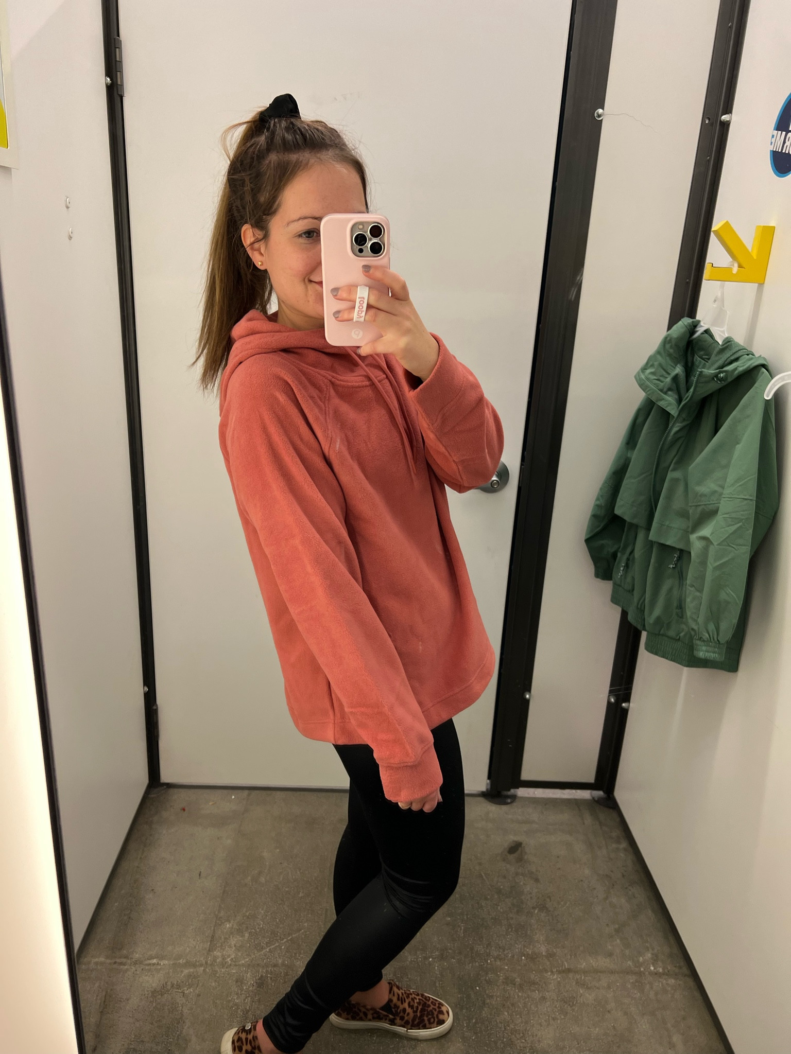 Fleece hoodie, funnel neck. No pockets, but will keep you warm with the fleece material.
Sizing: I’m wearing a s. I recommend sizing up 1 if you want to layer. 

#LTKSeasonal #LTKfit #LTKunder50