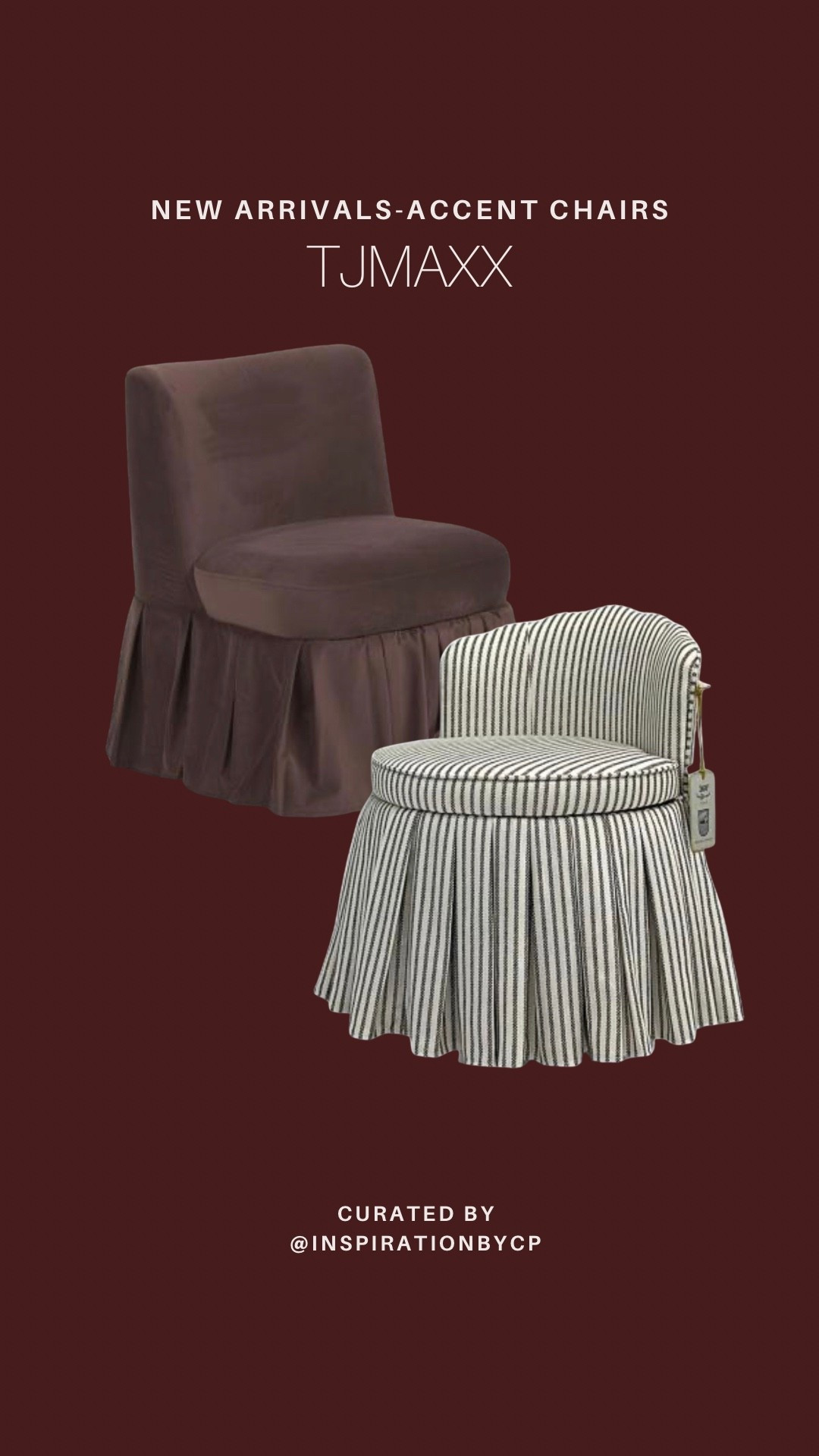 These gorgeous accent chairs with pleated skirts are under $300 @tjmaxx 
#vanitychair #velvetchair #tjmaxxfinds #stripes #furniture

#LTKHome #LTKU #LTKSaleAlert