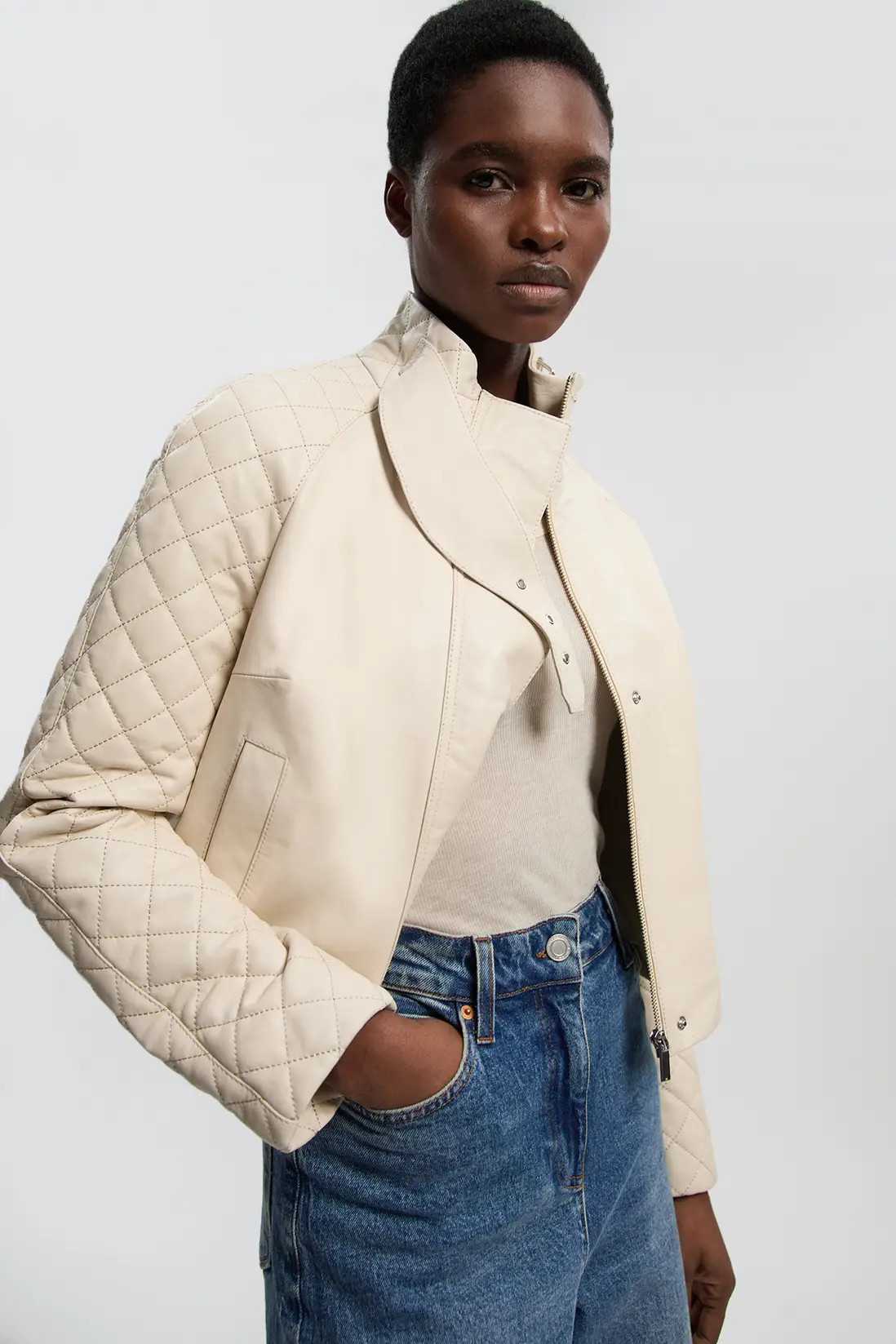 Jackets & Coats | Cropped Quilted Leather Biker Jacket | KarenMillen | Karen Millen UK + IE + DE + NL