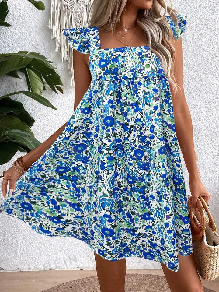 SHEIN VCAY Square Neck Cap Sleeve Midi Dress | SHEIN USA | SHEIN