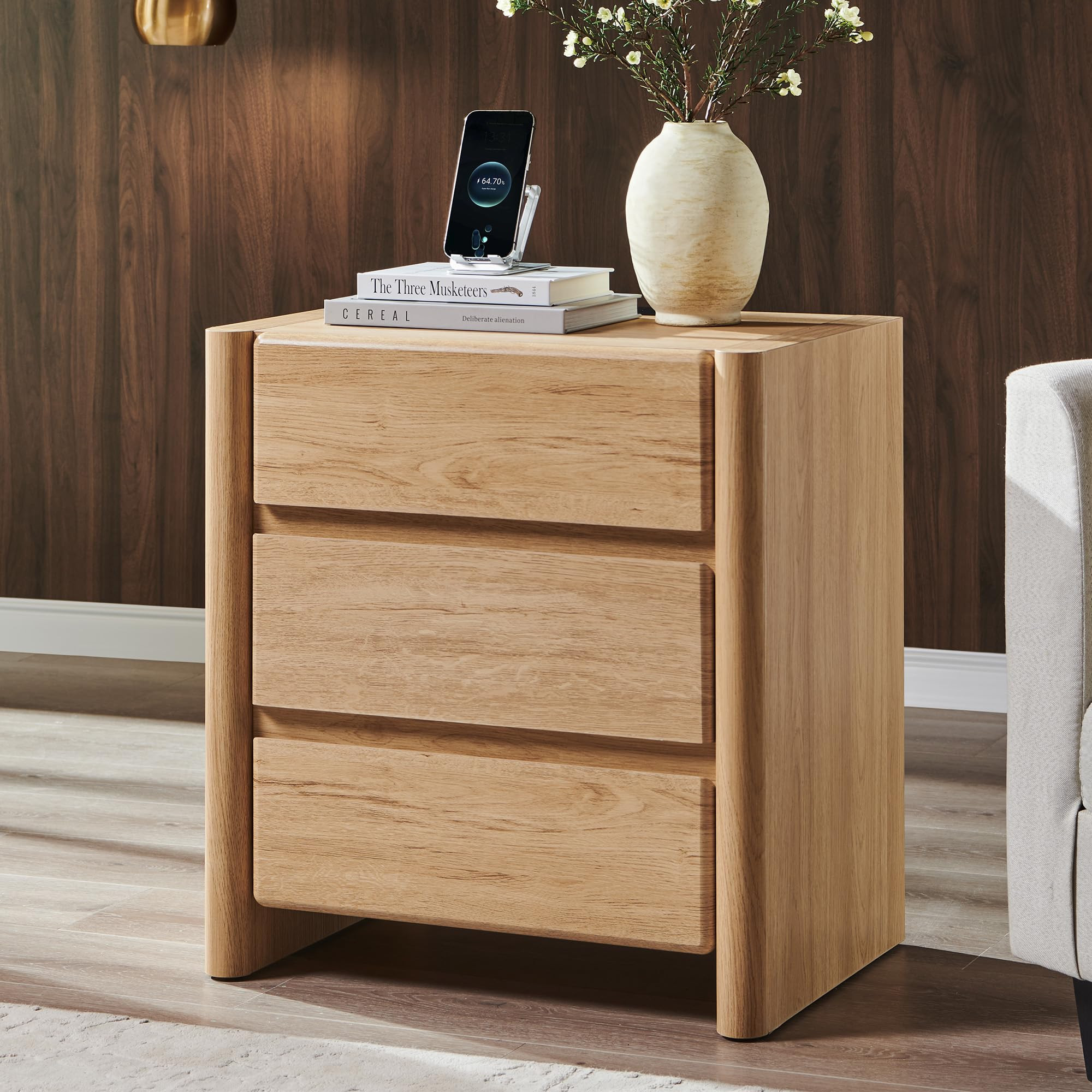 25" Tall Modern Nightstand with Charging Station, 23.6" W Nightstand with 3 Storage Drawers & Ope... | Amazon (US)