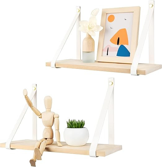 POTEY Natural Wood Floating Shelves Wall PU Leather Strap for Bathroom Bedroom, Living Room, Kitc... | Amazon (US)