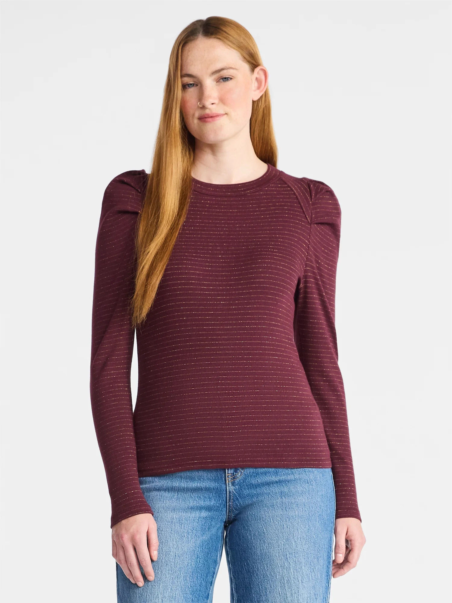 Time and Tru Women's Top with Long Puff Sleeves, Size XS-XXXL | Walmart (US)