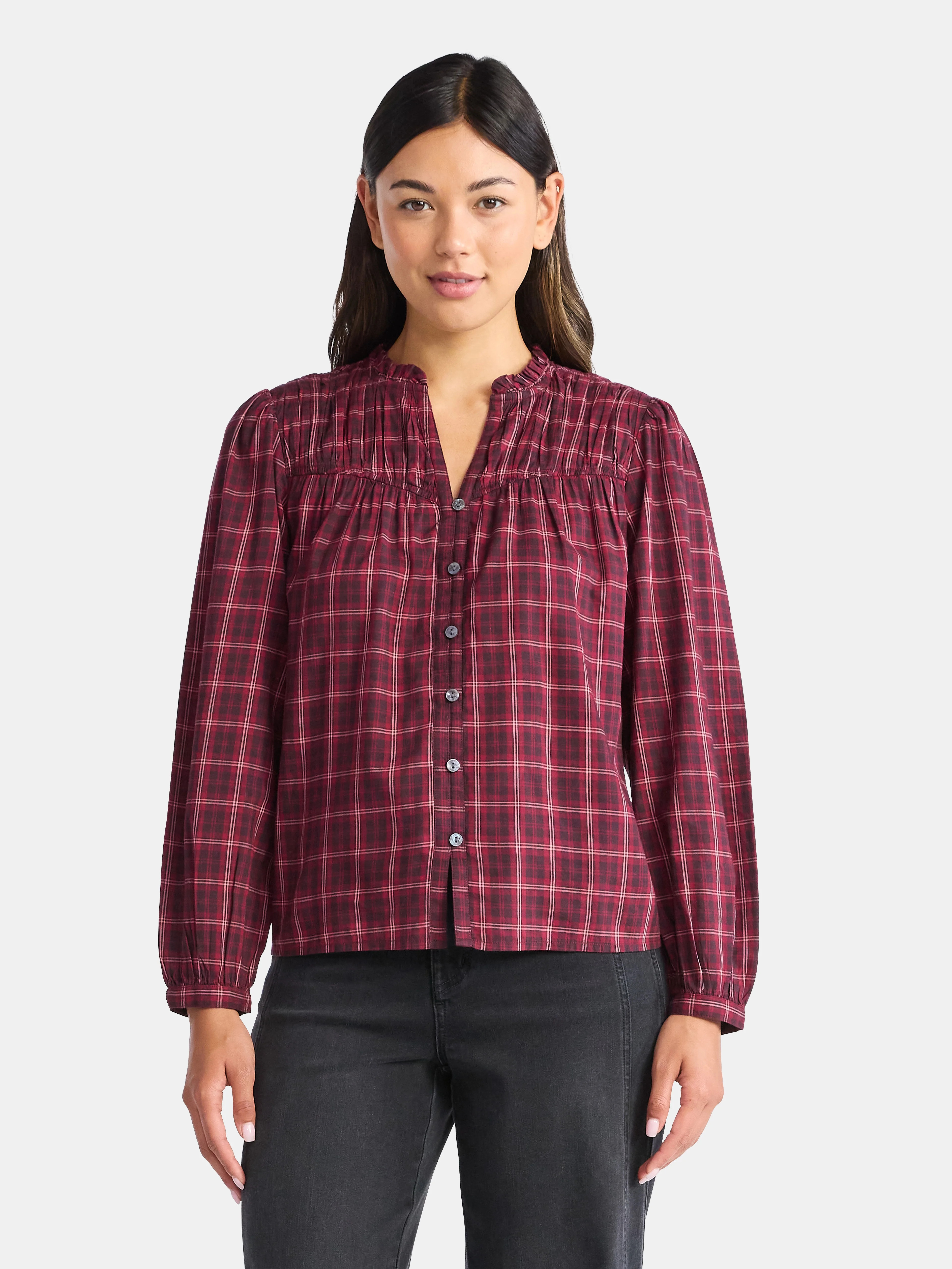 Time and Tru Women's Ruched Yoke Blouse with Long Sleeves, Sizes XS-XXXL | Walmart (US)