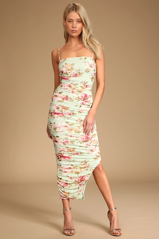 Stun and Only Sage Floral Print Ruched Mesh Bodycon Midi Dress | Lulus