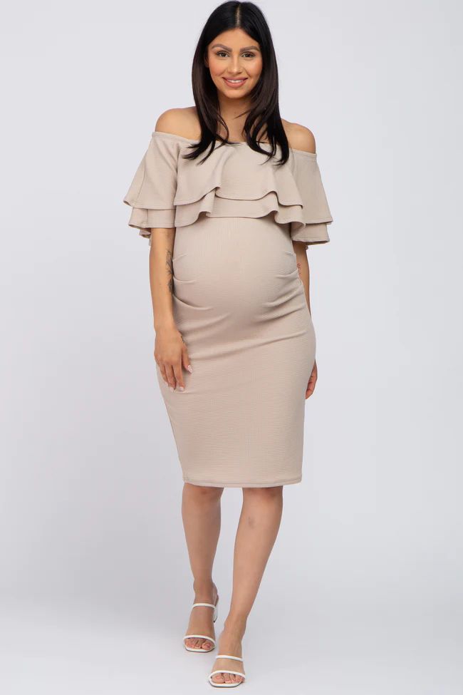 Beige Ruffle Off Shoulder Ruched Maternity Dress | PinkBlush Maternity