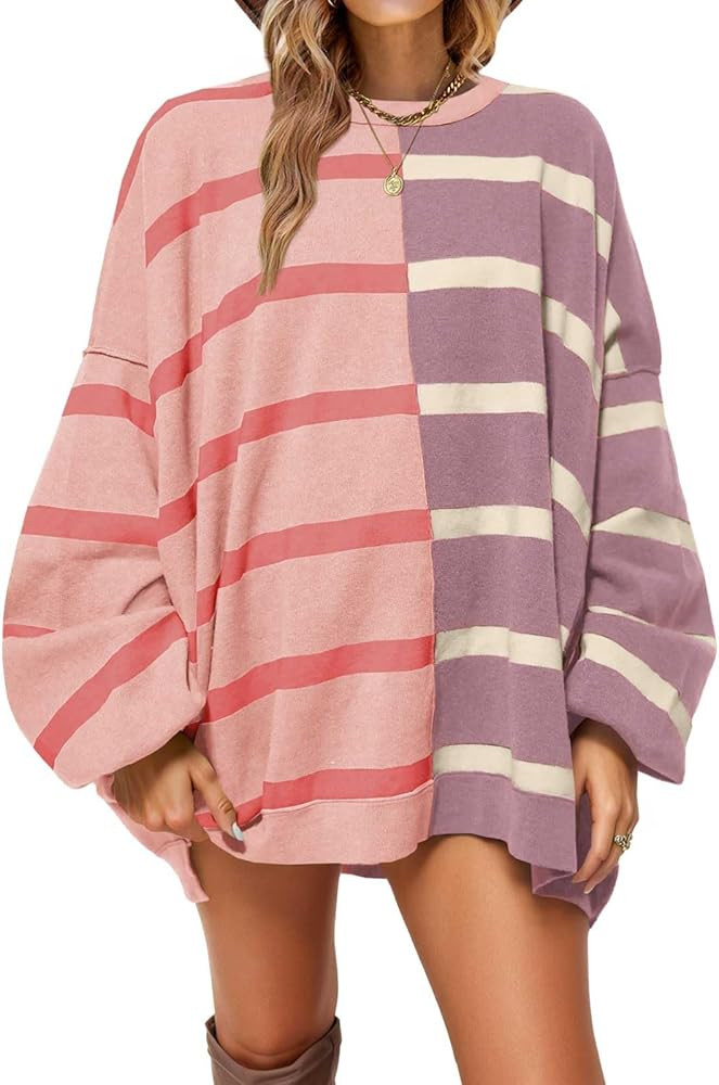 Fisoew Womens Striped Pullover Sweater Crew Neck Long Sleeve Knitted Color Block Casual Loose Lig... | Amazon (US)