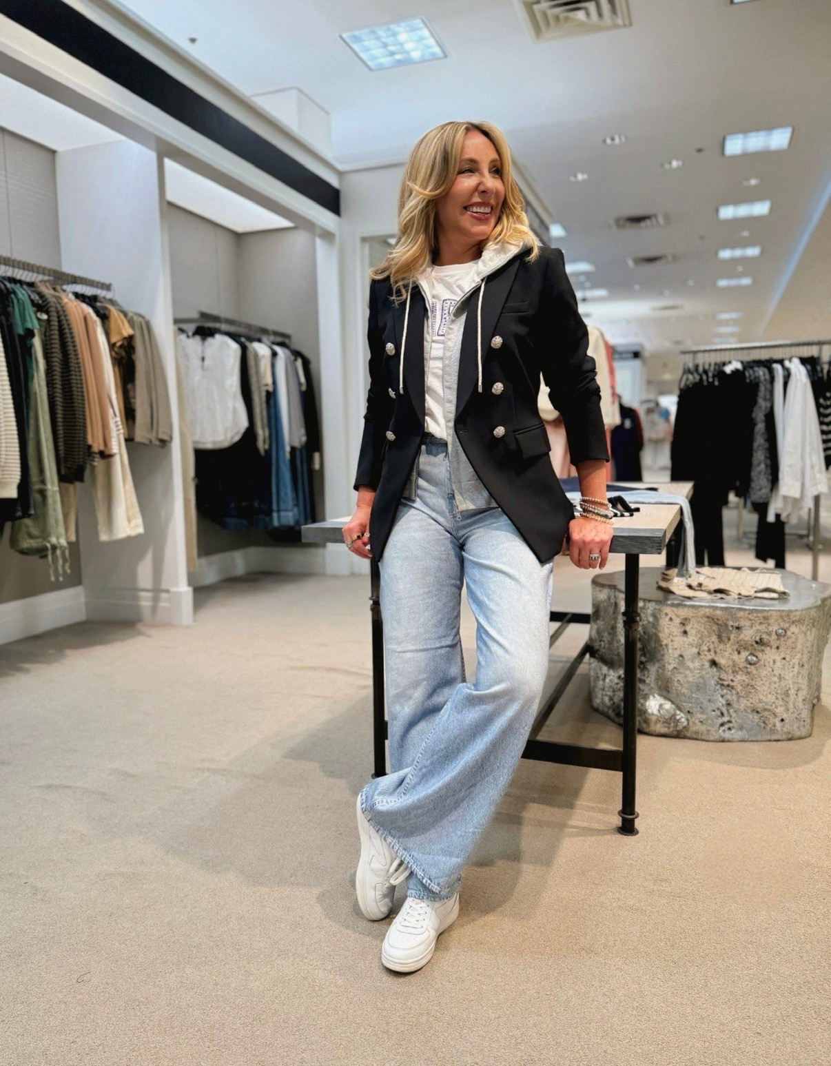 The blazer I recommend to almost every working client. Season after season, it keeps selling out! 
Beautiful hardware buttons. A fit that's actually flattering. Slightly stretchy so it's comfortable all day. This one earns its place.

I paired it with what I'm calling the ✨ Sweatpant Jean ✨ Sweatpants screen-printed to look like jeans. The comfort of your favorite sweats, the look of a pulled-together outfit. We all need a few of those.

I linked the blazer, a bunch of Sweatpant Jean styles I've tried and loved (plus a few I have my eye on).

#LTKgrwm #LTKootd #LTKSeasonal