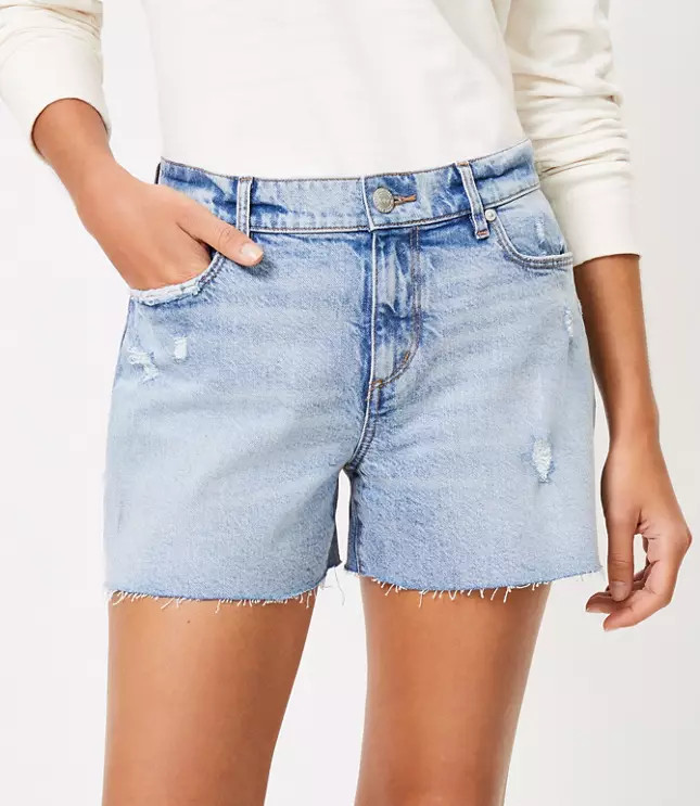 The High Waist Cut Off Denim Short in Mid Indigo | LOFT