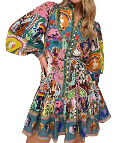 Qikaka Women's Long Puff Sleeve Turtleneck Printed Button Bodycon Sexy Nightclub Party Blouse Dress Medium | Amazon (US)