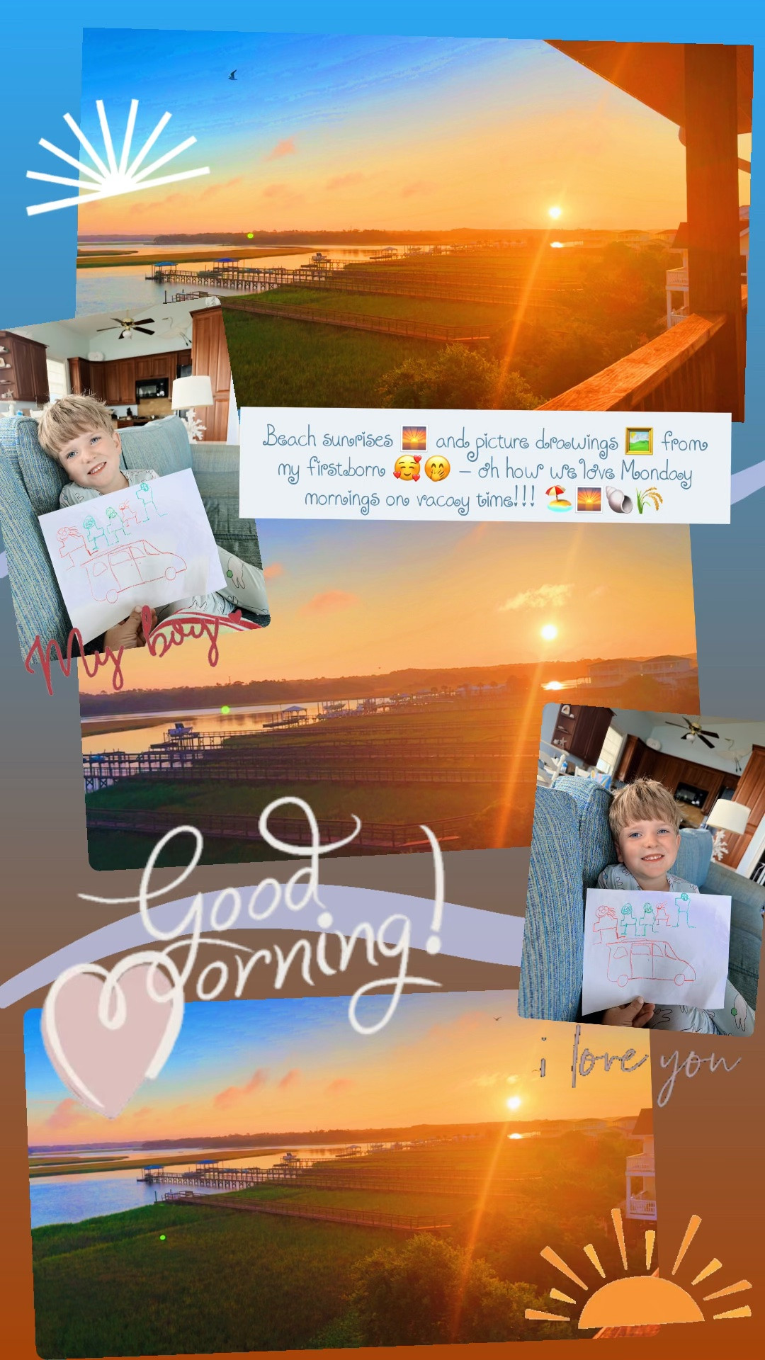 Beach sunrises 🌅 and picture drawings 🖼️ from my firstborn 🥰🤭 - oh how we love Monday mornings on vacay time!!! 🏖️🌅🐚🌾