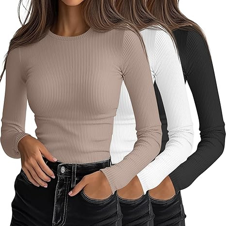 Ficerd 3 Pack Women's Ribbed Long Sleeve Tops, Crew Neck Slim Fit Undershirts Knit Basic Casual S... | Amazon (US)