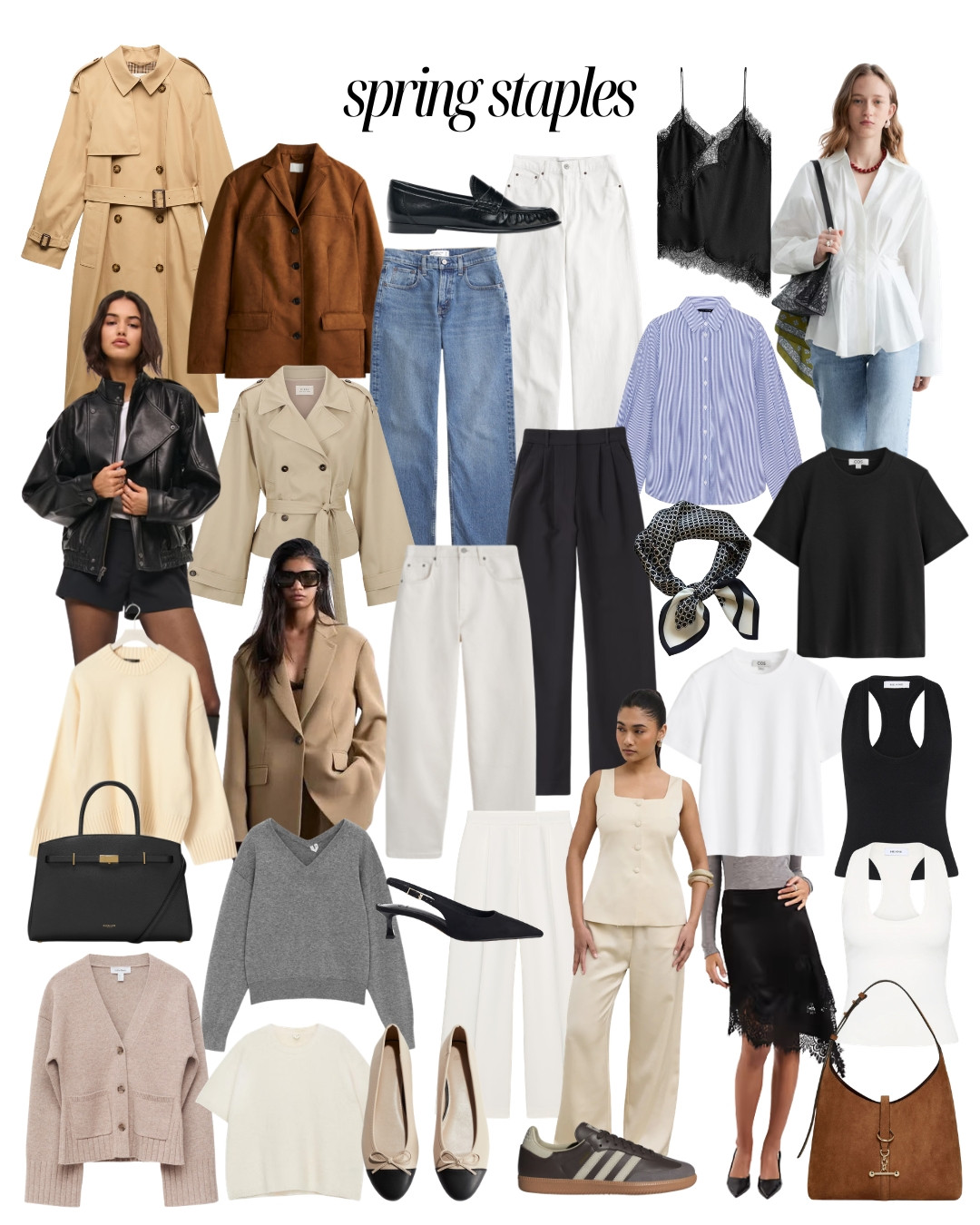 The 30 spring staples you need for a capsule wardrobe of endless spring looks. Trench coats, suede blazers, leather jackets, knitwear in butter yellow and grey, cardigans, satin tops, shirts and t-shirts, the perfect vest tops, jeans and tailored trousers, trainers, ballet flats and heels, loafers and bags 

 

#LTKspring #LTKworkwear #LTKstyletip