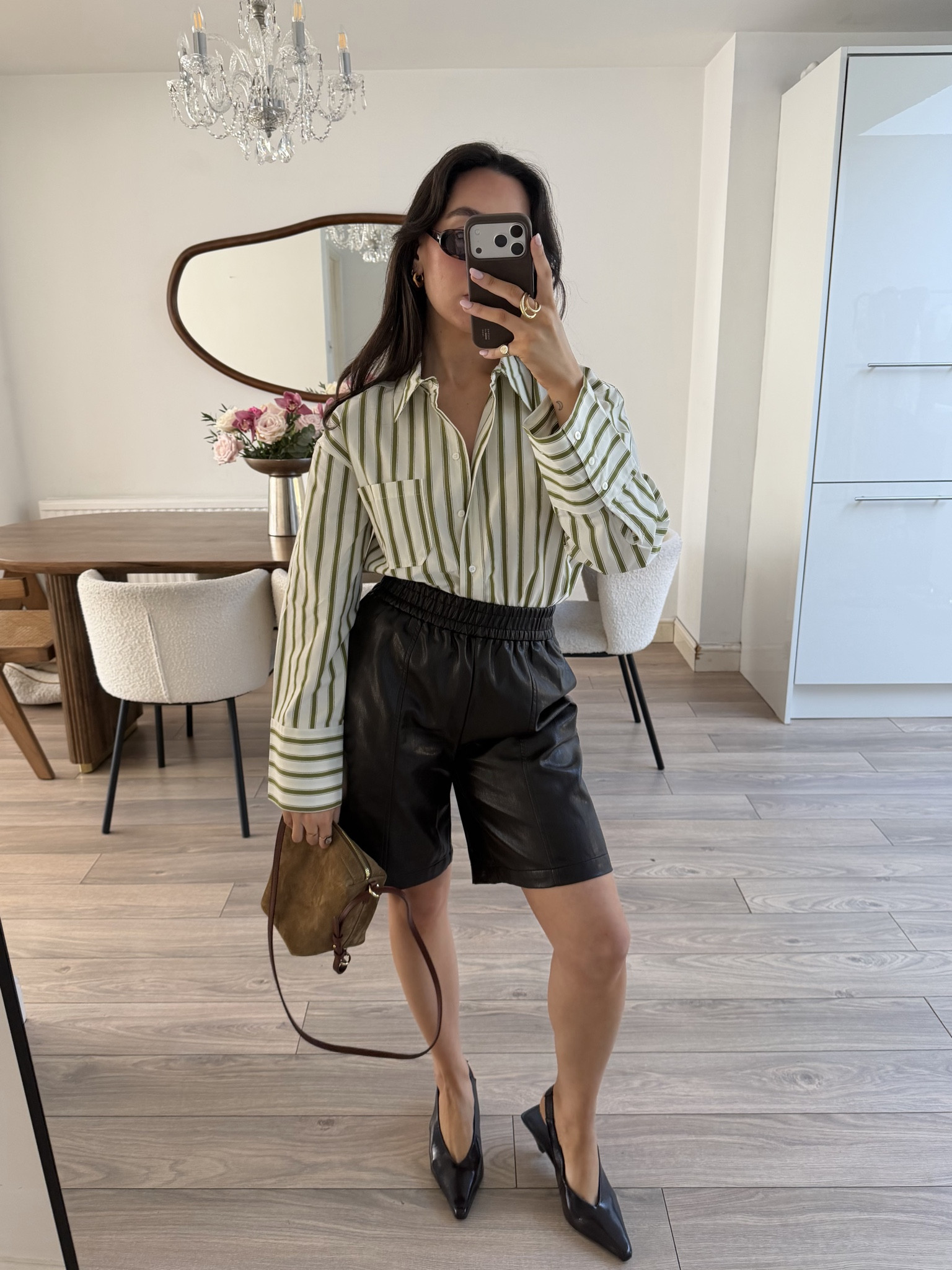 Striped cotton shirt, khaki stripe, sezane, leather shorts, long shorts, sezane bag

#LTKspring #LTKeurope #LTKuk