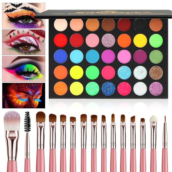 Kalolary 35 Colors Eyeshadow Palette with 15 PCS Eye Brushes Makeup Set, Neon Matte Shimmer Glitt... | Amazon (US)