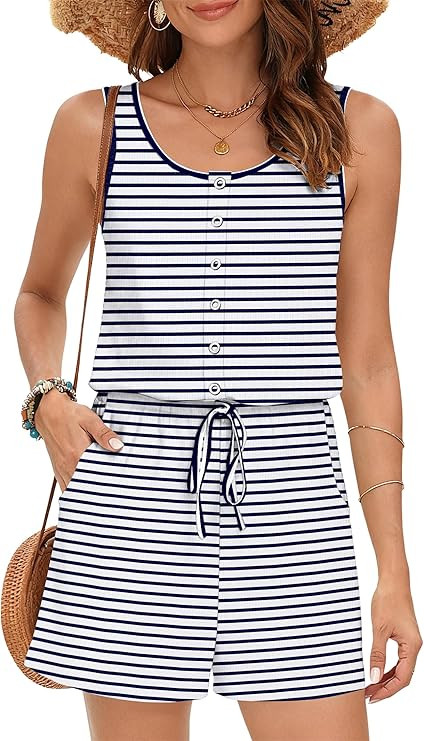 MISFAY Rompers for Women 2026 Summer Casual Buttons Sleeveless Scoop Neck Short Jumpsuits with Po... | Amazon (US)