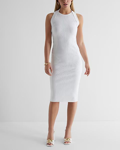 Body Contour Ribbed Crew Neck Open Back Midi Sweater Dress | Express