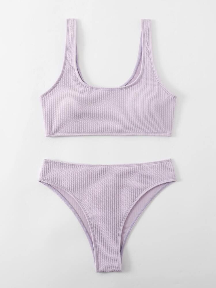 Plain Textured Bikini Swimsuit | SHEIN