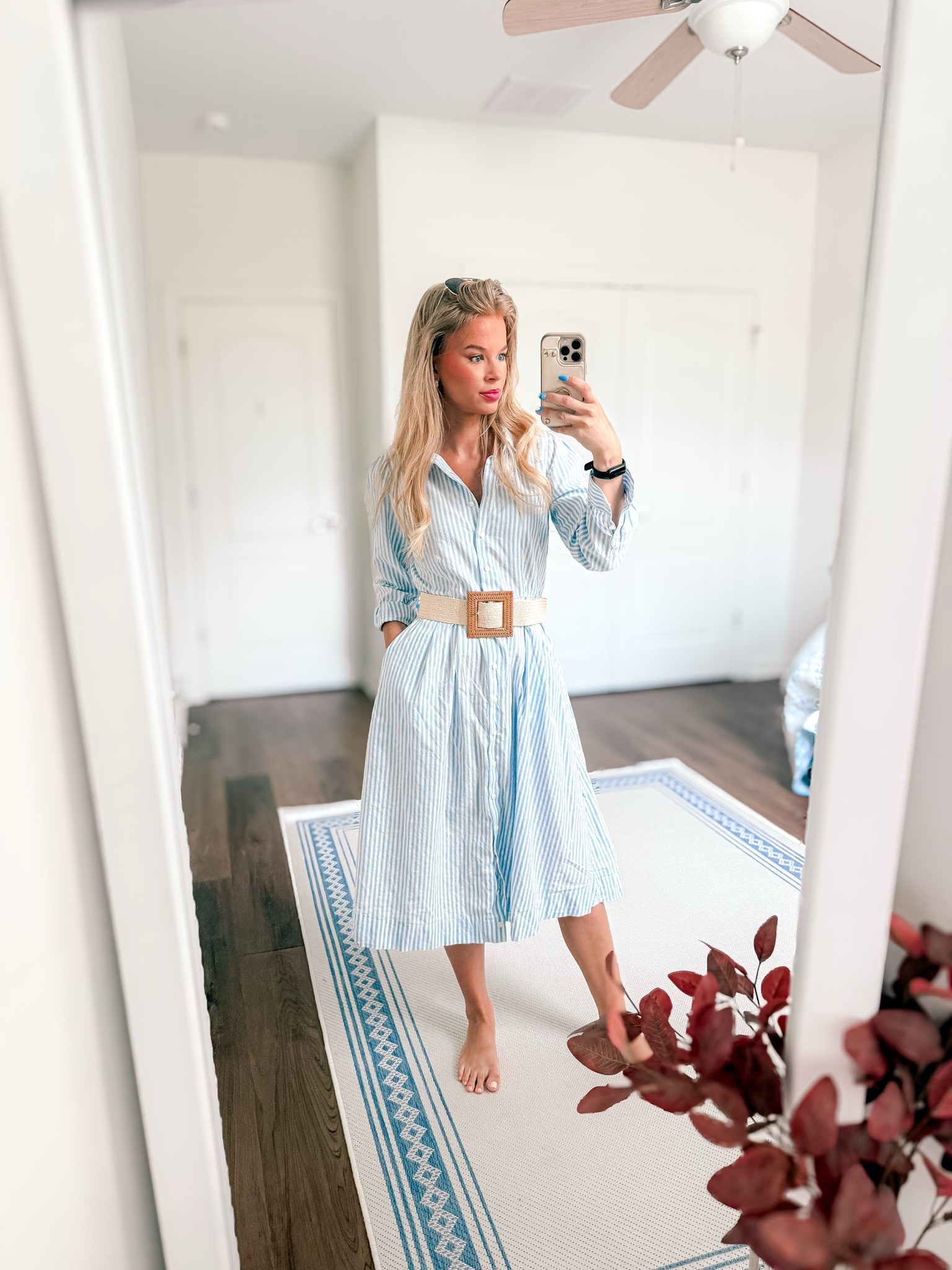 OOTD 
Summer dress 
Striped blue dress 
Wicker belt 
Coastal outfit 
Petite fashion 
Midi dress

#LTKBeauty #LTKootd #LTKPetite