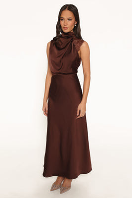 Anabelle Halter Neck Lace Maxi Dress - Chocolate Brown | Petal & Pup (US)