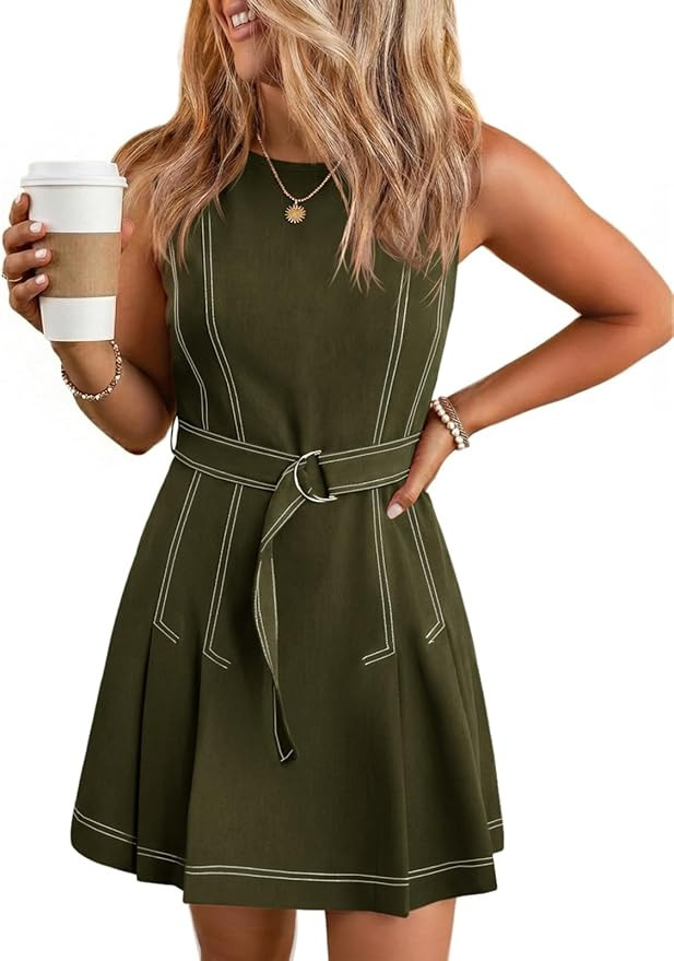 Wenrine Womens Summer Sleeveless Mini Dress Casual Crewneck Tie Waist A Line Trendy Tank Dresses ... | Amazon (US)